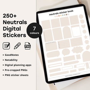 May include: A digital sticker book for GoodNotes and Notability apps featuring 250+ neutral colored stickers. The sticker book includes a variety of shapes, including speech bubbles, banners, and notepads. The sticker book is available in 7 colors.
