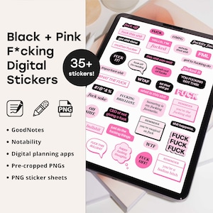 May include: A digital tablet screen displaying a collection of 35+ black and pink digital stickers with various phrases and sayings. The stickers are designed for use in digital planning apps, GoodNotes, and Notability.