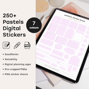 May include: A digital sticker book featuring over 250 pastel coloured stickers for use in digital planning apps such as GoodNotes and Notability. The sticker book includes a variety of shapes, including circles, squares, stars, and hearts. The text "pastels sticker book" is at the top of the page.