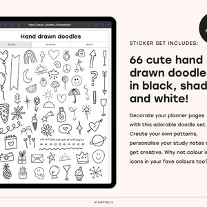 Pode incluir: Uma ilustra&ccedil;&atilde;o digital de 66 rabiscos desenhados &agrave; m&atilde;o em preto, sombra e branco. Os rabiscos incluem cora&ccedil;&otilde;es, estrelas, flechas, nuvens e muito mais. O texto "STICKER SET INCLUDES: 66 cute hand drawn doodles in black, shadow and white!" &eacute; exibido acima dos rabiscos. O texto "198 stickers in total" &eacute; exibido no canto superior direito da imagem.
