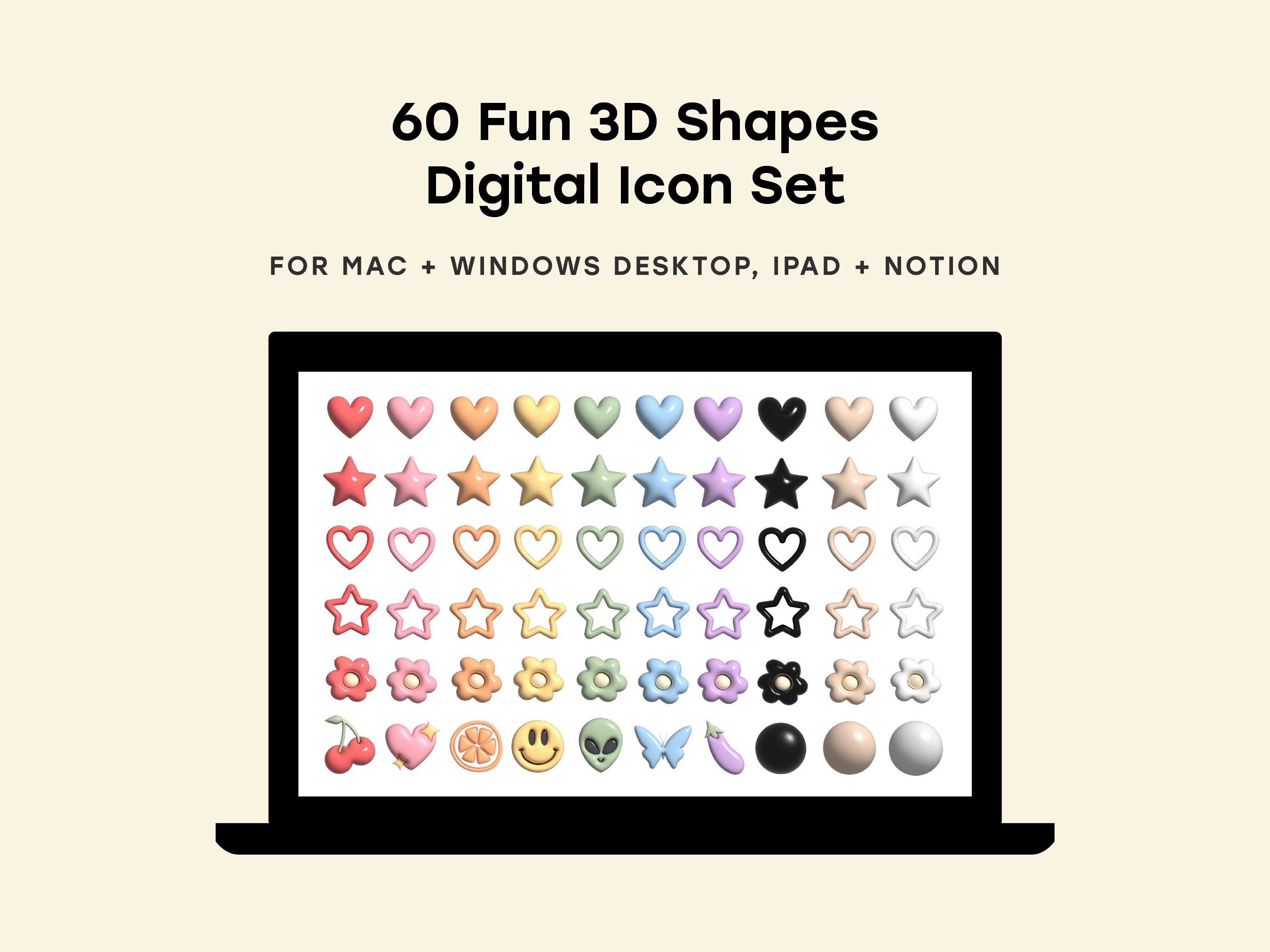 Set of 60 Aesthetic Desktop folder Icons 3D Shapes for Notion Covers, Instagram, Mac and Windows Folders