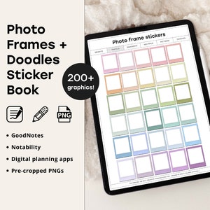 Op de afbeelding: Een digitale planner stickerboek met meer dan 200 fotolijst stickers. De stickers zijn in verschillende pastelkleuren en zijn vooraf geknipt voor gebruik in digitale planningsapps zoals GoodNotes en Notability.