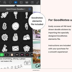 Pode incluir: Uma tela digital que exibe uma cole&ccedil;&atilde;o de 198 adesivos de rabiscos desenhados &agrave; m&atilde;o para uso com o aplicativo GoodNotes. Os adesivos est&atilde;o organizados em uma grade e incluem imagens como um cora&ccedil;&atilde;o, um abacaxi, um rosto sorridente, uma c&acirc;mera e uma nuvem. O texto "Hand Drawn Doodles" e "GoodNotes elements file included" &eacute; vis&iacute;vel na tela.