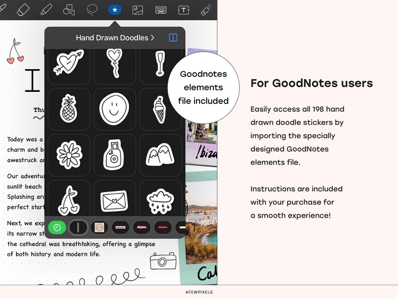 Pode incluir: Uma tela digital que exibe uma cole&ccedil;&atilde;o de 198 adesivos de rabiscos desenhados &agrave; m&atilde;o para uso com o aplicativo GoodNotes. Os adesivos est&atilde;o organizados em uma grade e incluem imagens como um cora&ccedil;&atilde;o, um abacaxi, um rosto sorridente, uma c&acirc;mera e uma nuvem. O texto "Hand Drawn Doodles" e "GoodNotes elements file included" &eacute; vis&iacute;vel na tela.