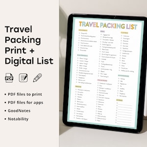 May include: A digital printable travel packing list on a tablet screen. The list is organized by category, including documents, electronics, toiletries, clothes, and more. The list is designed to help travelers pack efficiently for their trips.