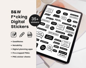 Set of 41 Fucking Digital Planner Swearing Stickers Black and White, GoodNotes, Individual PNG, Swear Words