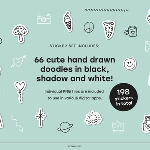 Pode incluir: Um conjunto de 66 desenhos fofos feitos &agrave; m&atilde;o em preto, sombra e branco. Os desenhos incluem um abacaxi, uma c&acirc;mera, um cone de sorvete, um sinal de paz, uma fatia de pizza, uma caneca de caf&eacute;, um cora&ccedil;&atilde;o, um bolo de anivers&aacute;rio, uma flecha com um cora&ccedil;&atilde;o, um rosto sorridente, uma caixa de presente, uma estrela, um arco-&iacute;ris, uma flecha, uma estrela, um planeta, um sol, uma coroa e uma c&acirc;mera. O texto "STICKER SET INCLUDES:" e "66 cute hand drawn doodles in black, shadow and white!" tamb&eacute;m est&aacute; inclu&iacute;do na imagem. Os arquivos PNG individuais est&atilde;o inclu&iacute;dos para uso em v&aacute;rios aplicativos digitais. 198 adesivos no total.