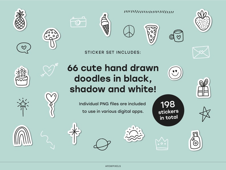 Pode incluir: Um conjunto de 66 desenhos fofos feitos &agrave; m&atilde;o em preto, sombra e branco. Os desenhos incluem um abacaxi, uma c&acirc;mera, um cone de sorvete, um sinal de paz, uma fatia de pizza, uma caneca de caf&eacute;, um cora&ccedil;&atilde;o, um bolo de anivers&aacute;rio, uma flecha com um cora&ccedil;&atilde;o, um rosto sorridente, uma caixa de presente, uma estrela, um arco-&iacute;ris, uma flecha, uma estrela, um planeta, um sol, uma coroa e uma c&acirc;mera. O texto "STICKER SET INCLUDES:" e "66 cute hand drawn doodles in black, shadow and white!" tamb&eacute;m est&aacute; inclu&iacute;do na imagem. Os arquivos PNG individuais est&atilde;o inclu&iacute;dos para uso em v&aacute;rios aplicativos digitais. 198 adesivos no total.