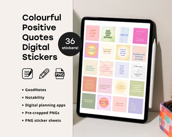 Conjunto de 36 adesivos digitais de citações inspiradoras para notas positivas, notabilidade e planejador digital