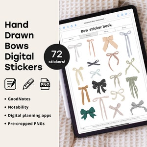 Könnte beinhalten: Ein digitales Stickerbuch mit 72 handgezeichneten Schleifen in verschiedenen Farben und Stilen. Das Buch ist auf einem Tablet-Bildschirm geöffnet und zeigt eine Vielzahl von Schleifen, darunter festliche, neutrale und rustikale Stile. Der Text "Bow sticker book" befindet sich oben auf dem Bildschirm.
