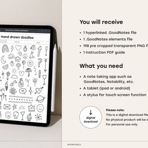 Pode incluir: Um download digital de 198 ilustra&ccedil;&otilde;es de rabiscos desenhados &agrave; m&atilde;o em preto e branco. Os rabiscos incluem cora&ccedil;&otilde;es, estrelas, nuvens, flechas e muito mais. A imagem mostra um tablet exibindo os rabiscos e o texto que diz "Hand drawn doodles".