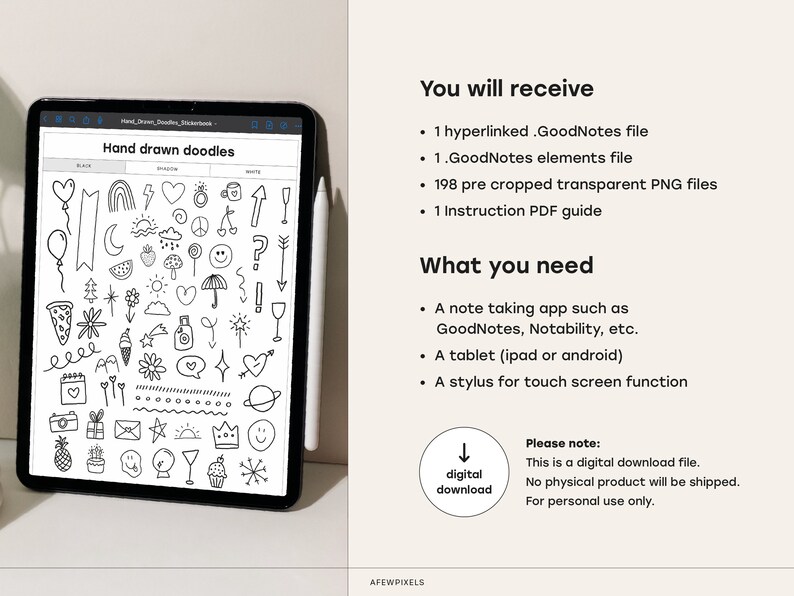 Pode incluir: Um download digital de 198 ilustra&ccedil;&otilde;es de rabiscos desenhados &agrave; m&atilde;o em preto e branco. Os rabiscos incluem cora&ccedil;&otilde;es, estrelas, nuvens, flechas e muito mais. A imagem mostra um tablet exibindo os rabiscos e o texto que diz "Hand drawn doodles".