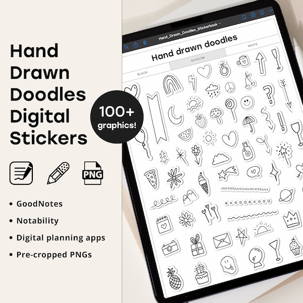 Hand Drawn Doodle Digital Stickers for GoodNotes Precropped PNG Notability Planner Stickers