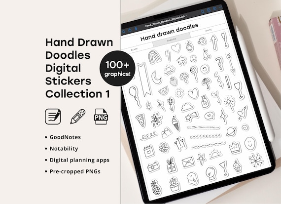 Hand Drawn Doodle Digital Stickers for GoodNotes Precropped PNG Notability Planner Stickers