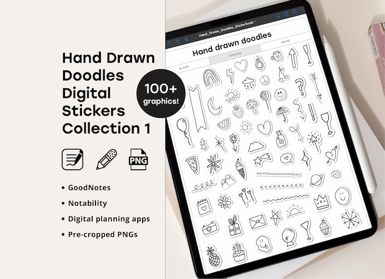 Adesivos digitais de rabiscos desenhados à mão para GoodNotes, adesivos PNG pré-cortados para planejador de notabilidade imagem 1