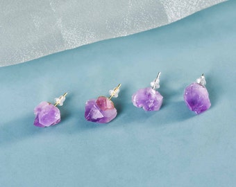 Raw Amethyst Stud Earrings -Natural Crystal Quartz Studs Birthstone Earrings -Healing Meditation Earrings Gift for Her