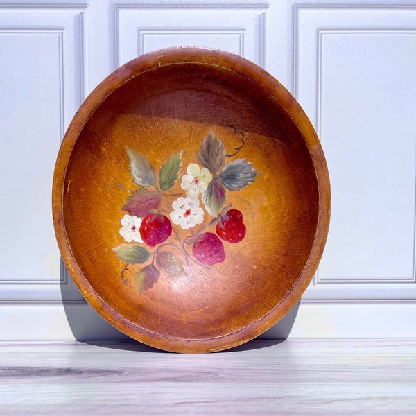 Vintage Hand Painted Strawberries Wood Bowl