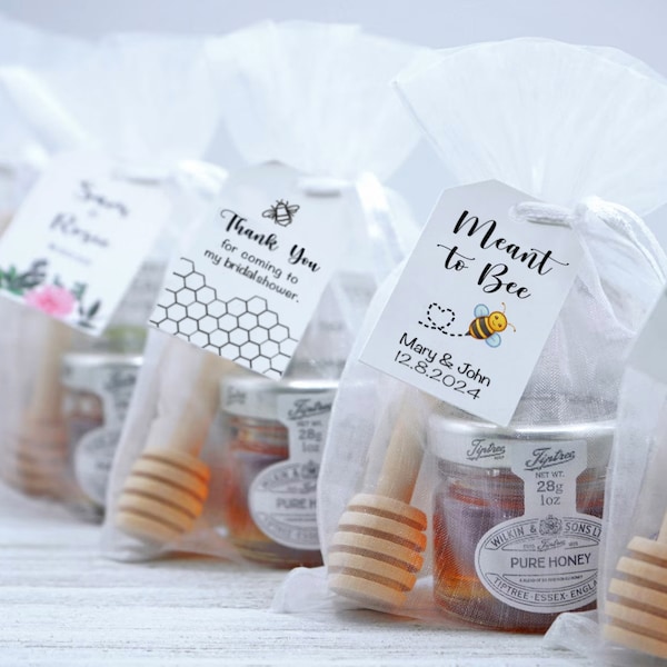 Honey Favors | Bridal Shower Favors | Wedding Favors | Bride to Bee | Meant to Bee | Mini Jar of Honey w/Tea and Stirrer | Mini Honey Favors