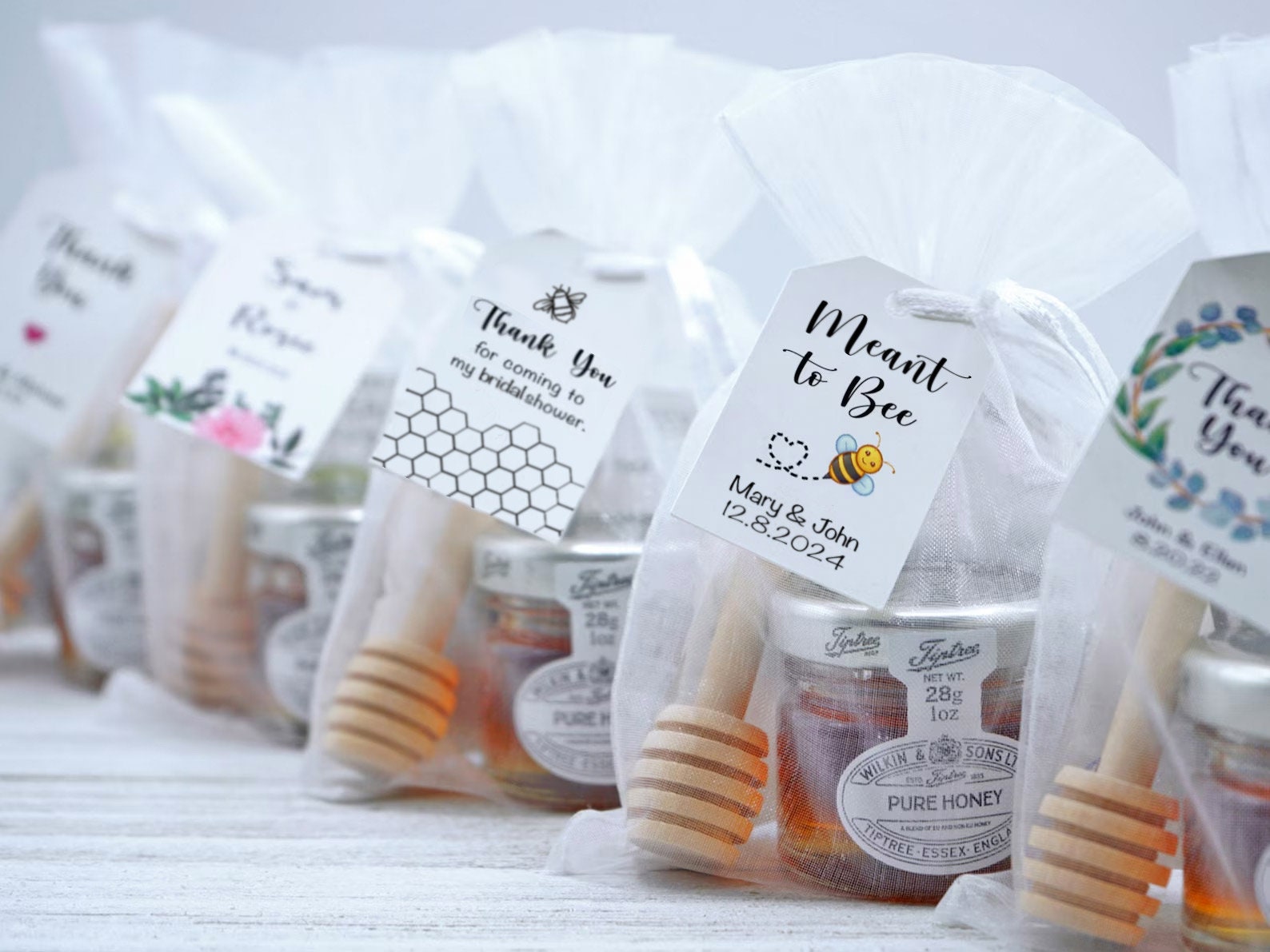 Honey Favors | Bridal Shower Favors | Wedding Favors | Bride to Bee | Meant to Bee | Mini Jar of Honey w/Tea and Stirrer | Mini Honey Favors