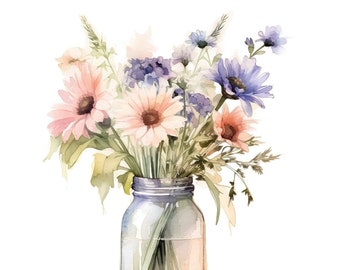 Wild Floral Clipart - Spring Clipart - Rustic Wildflower Bouquet in Jar - Graphic - PNG