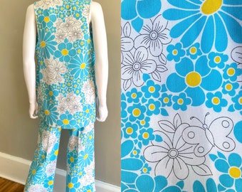 Vintage 1960s FLOWER POWER vest & flare pants set daisies butterflies groovy psychedelic print Xs