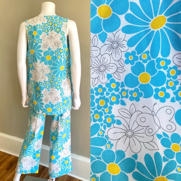 Vintage 1960s FLOWER POWER vest & flare pants set daisies butterflies groovy psychedelic print Xs