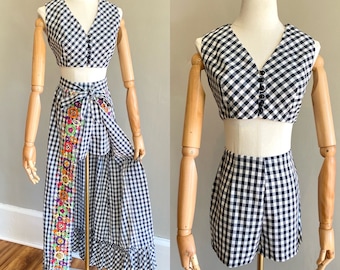 Vintage 1970s 3 piece black & white gingham playsuit set with rainbow embroidery, crop top hot pants / shorts maxi over skirt Sm