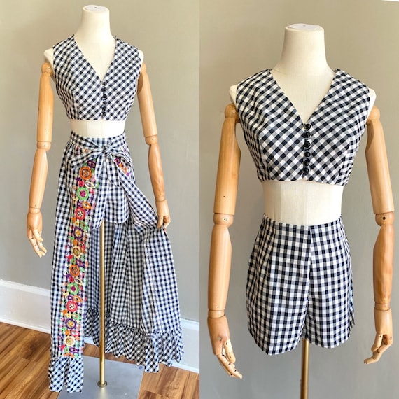 Vintage 1970s 3 piece black & white gingham playsu