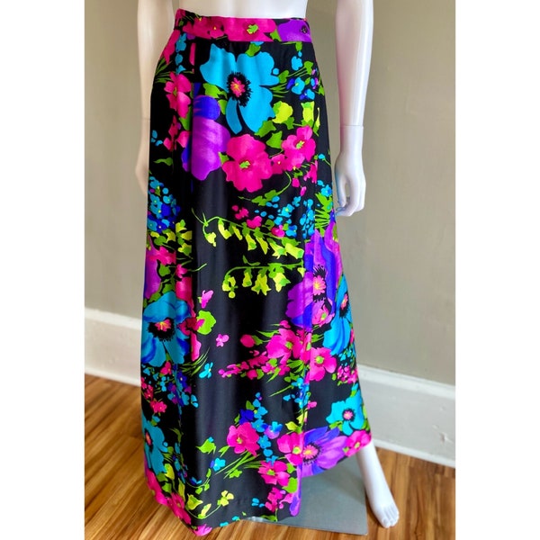Vintage 1970s deadstock day glo large scale floral print maxi skirt sz M/L 70s Leslie Fay