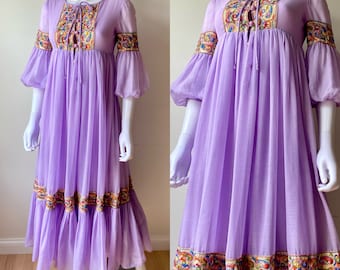 Vintage 1970s lilac cotton voile puff sleeve bohemian peasant maxi dress w rainbow embroidery flowy sweeping skirt semisheer hippie festival