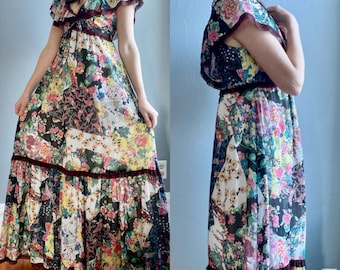 Vintage 1970s boho dream dress hippie chic patchwork floral mixed print maxi with lace trim by Arjon California