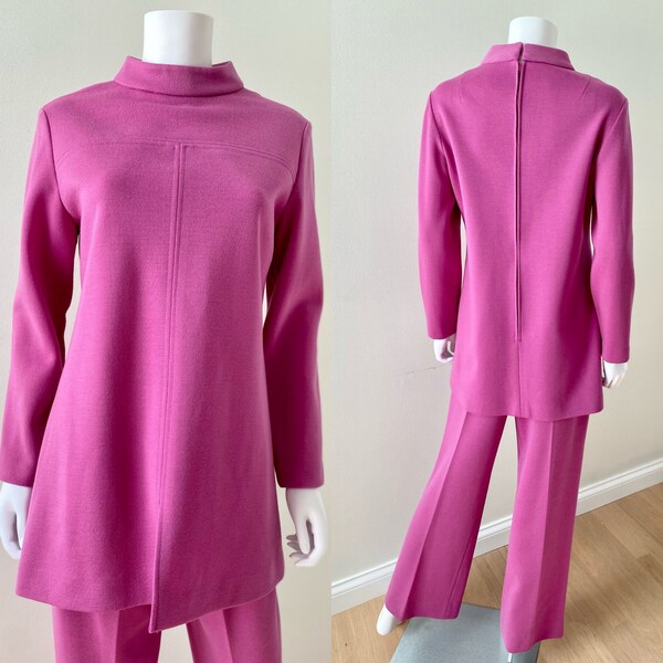 Vintage 1970s MOD mauve pink/purple wool sweater knit tunic pants & skirt 3 piece suit