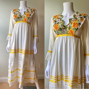 Vintage 1960s 70s GEORGiA CHARUHAS mexican wedding dress pin tuck cotton maxi w colorful embroidery lace bell sleeves bohemian bridal Xs