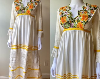 Vintage 1960s 70s GEORGiA CHARUHAS mexican wedding dress pin tuck cotton maxi w colorful embroidery lace bell sleeves bohemian bridal Xs