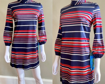 Vintage 1960s deadstock with tags MOD red white & blue stripe mini dress