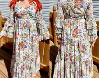 Vintage 1970s mod boho hippie floral print flower power maxi dress with tiered bell sleeves flounced ruffle hem garden party goddess