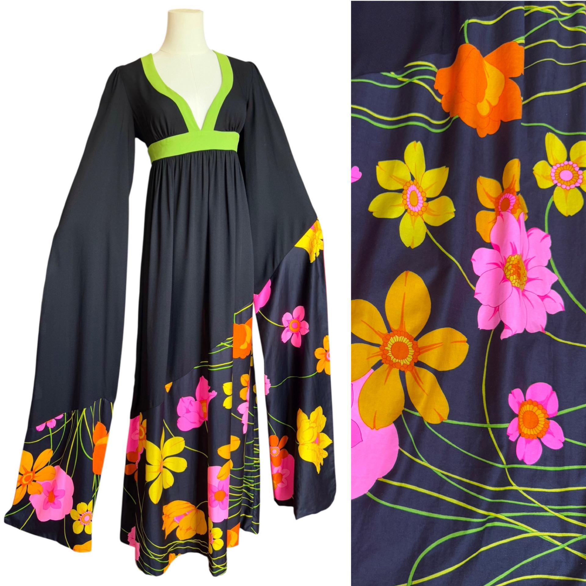 Vintage 1970s TRIVIA by CHARM of Hollywood long kimono sleeve empire waist crepe maxi dress, vibrant floral print, Small