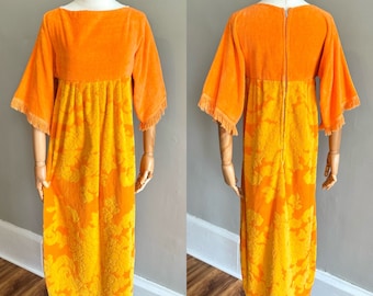 Vintage 1960s orange terry cloth towel dress, floral pattern cotton w fringe, mod pool beach cover up, Sm