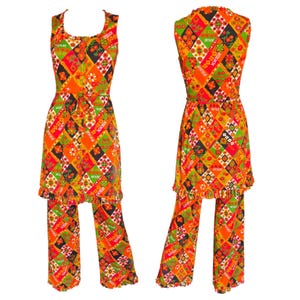 Vintage 1960s LANZ mini dress & pants set, flower power psychedelic floral print cotton, 60s mod pantsuit, Sm