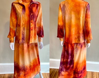 Vintage 1970s DON LUIS de Espana purple & orange tie dye print sleeveless maxi dress w matching button up shirt / jacket SM