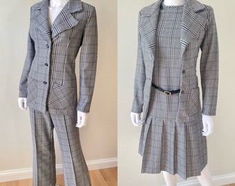 Vintage 1970s three piece set black & white houndstooth drop waist pleated dress blazer jacket pull on pants w belt L/XL pant suit