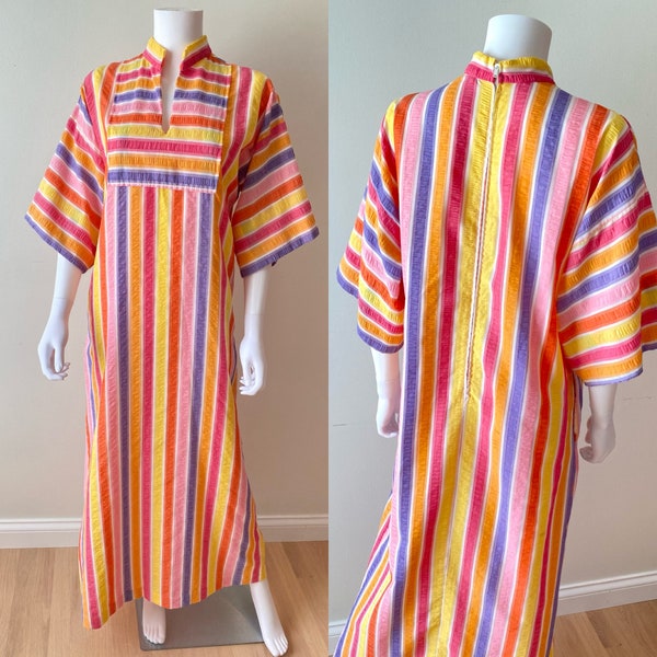 Vintage 1970s Georgie KEYLOUN seersucker pastel stripe lounging maxi dress caftan w dolman sleeves beach boho chic