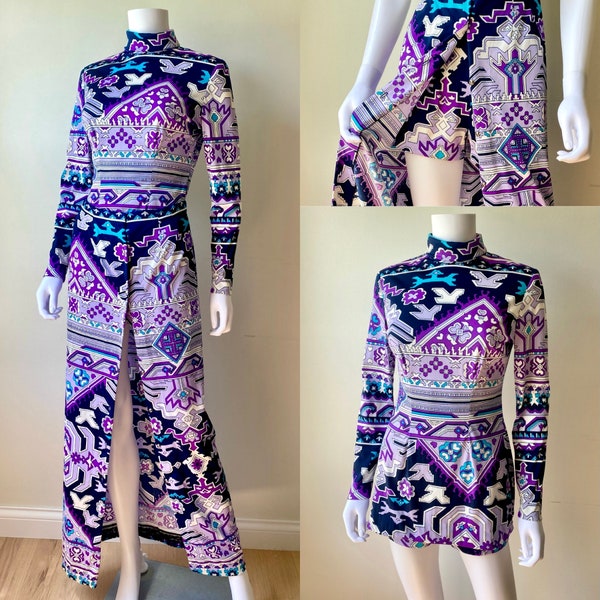 1970s MOD hostess set micro mini tunic dress hot pants maxi overskirt ensemble psychedelic graphic Pucci / Paganne STYLE op art print Xs Sm