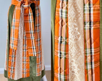 Vintage 1970s boho Chessa Davis patchwork maxi skirt quilted taffeta green velvet lace L/XL