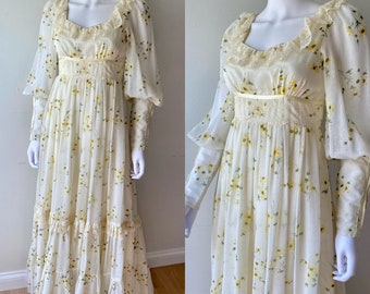 Vintage 1970s GUNNE SAX sunflower print prairie maxi dress with bishop sleeves romantic cottagecore fantasy sz Xs