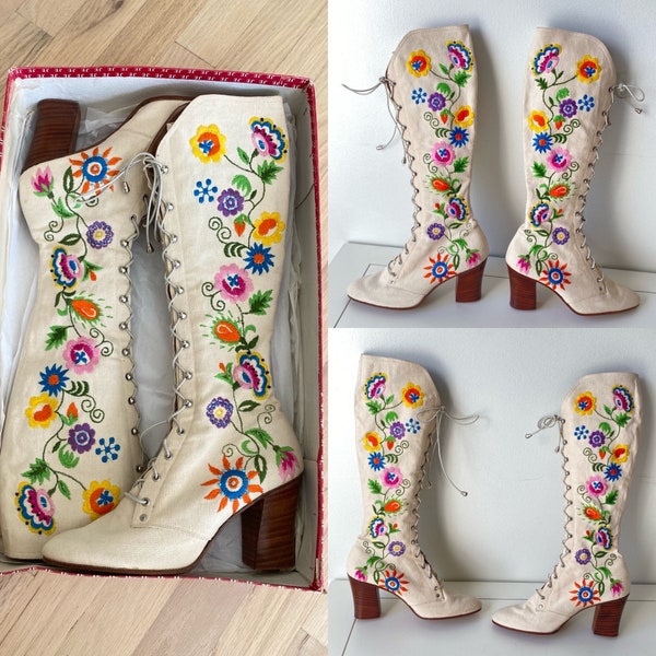 Vintage 1970s sz 7 JERRY EDOUARD penny lane almost famous floral embroidered lace up granny go-go boots w/ original BOX boho hippie chic