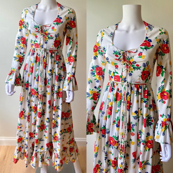 Vintage 1970s designer MOLLiE PARNiS primary color floral print cotton maxi dress with bell sleeves lace up corset ruffed hem romantic boho