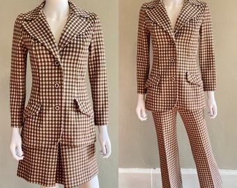 Vintage 1970s Koret MINI SKIRT & pants suit w blazer jacket brown white gingham check knit mod smart Xs / Sm 3 piece set