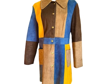 Vintage 1970s multicolor suede color block jacket, patchwork leather, hippie mod coat, Medium