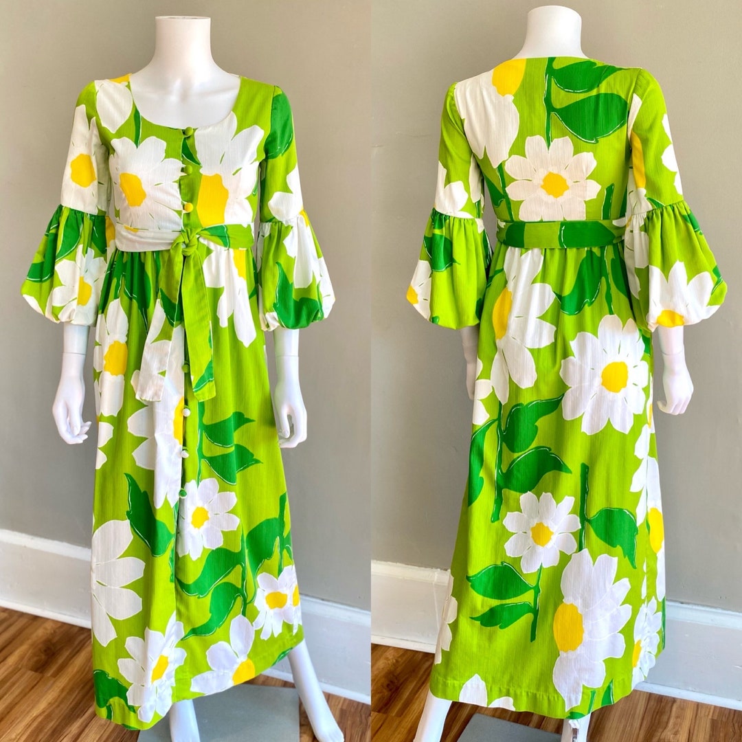 Vintage 1970s MALIA Daisy Print Floral Maxi Dress W Balloon Puff ...